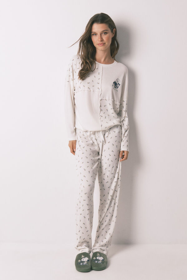 Women'secret Pijama larga de canalé 100% algodón Mafalda  marfil