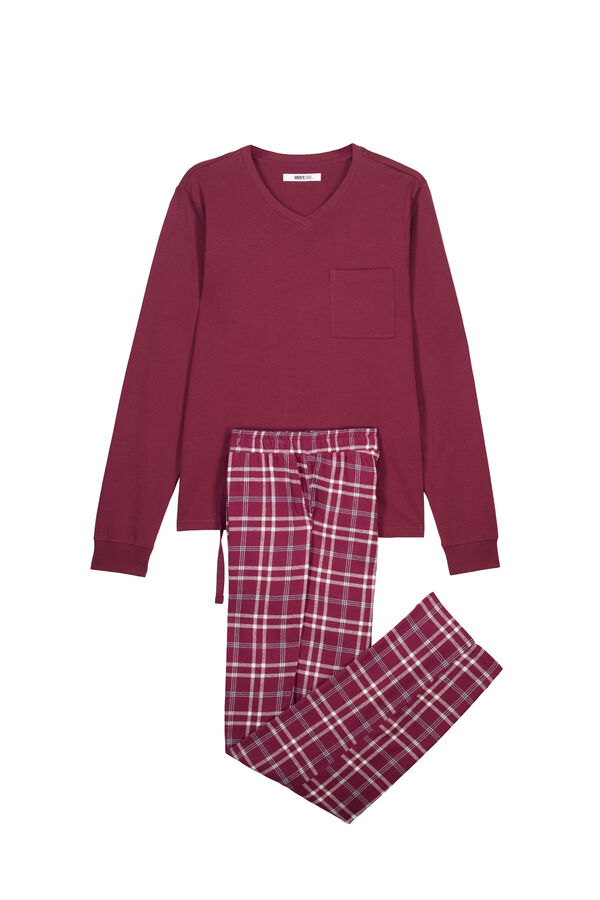 Women'secret Pijama larga de algod&oacute;n a cuadros granate p&uacute;rpura