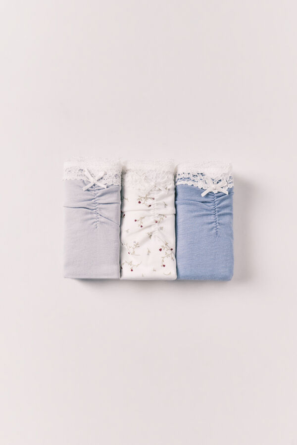 Women'secret Pack de 3 panties cl&aacute;sicas de algod&oacute;n con encaje de flores azul
