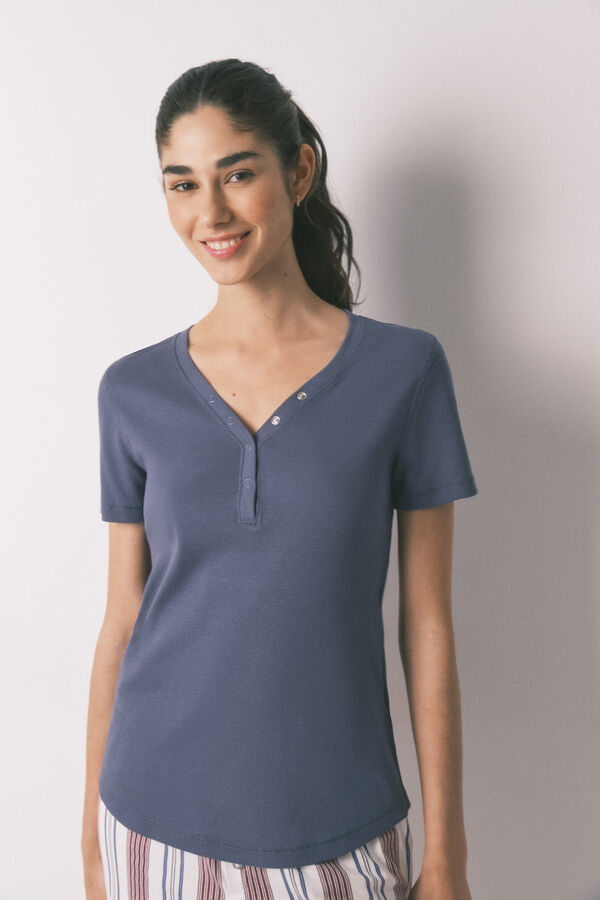 Women'secret Playera manga corta acanalada de algod&oacute;n azul azul