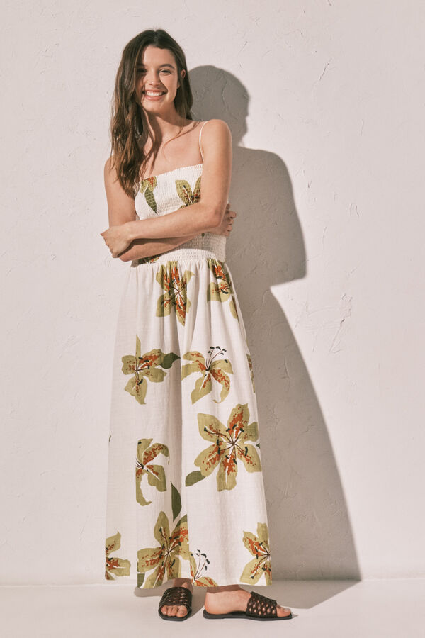 Women'secret Vestido largo de tirantes con escote fruncido estampado