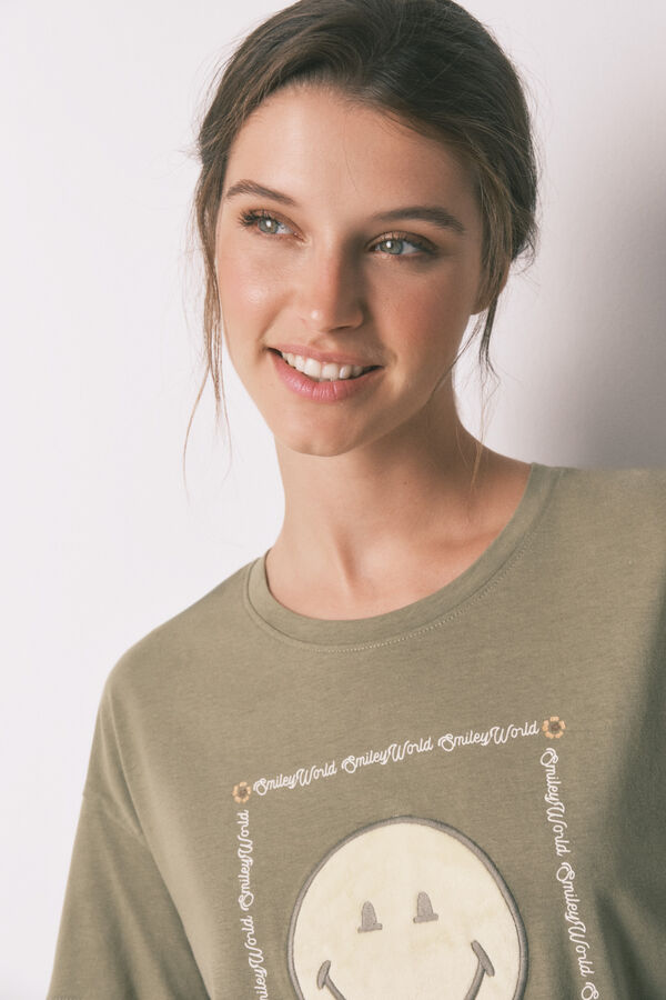 Women'secret Pijama larga Smiley color caqui 100 % algod&oacute;n kaki