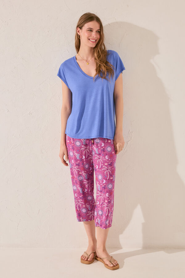Womensecret Pantalón capri de viscosa con estampado morado/lila estampado