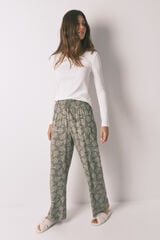Womensecret Pantalón largo de viscosa con flores color caqui kaki