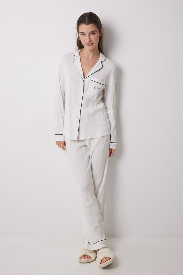 Womensecret Pijama camisera 100% algodón canalé blanco  marfil