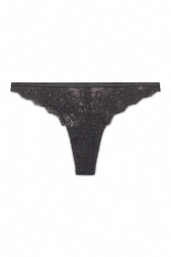 Women'secret Tanga encaje negro brillo negro