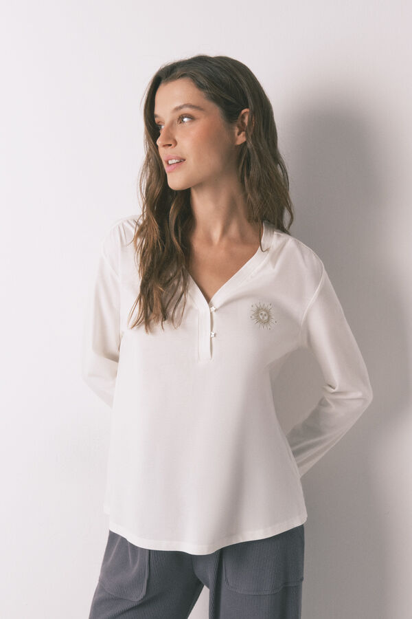 Women'secret Playera blanca de manga larga 100% algodón blanco