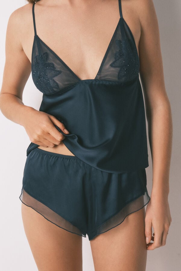 Women'secret Conjunto de lencería de satén y encaje azul azul