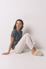 Women'secret Pantalón largo de franela blanca con estampado de cuadros marfil