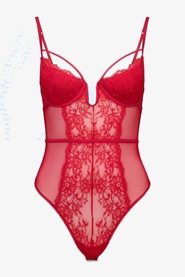 Women'secret Body clásico de encaje y satín rojo brillo rojo