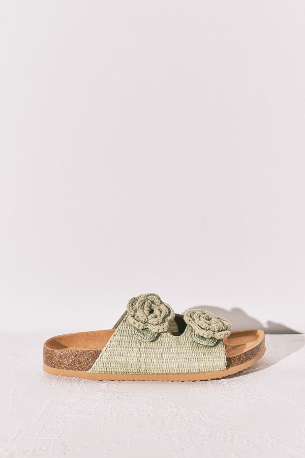 Women'secret Sandalias bio de rafia con flor de crochet verde kaki