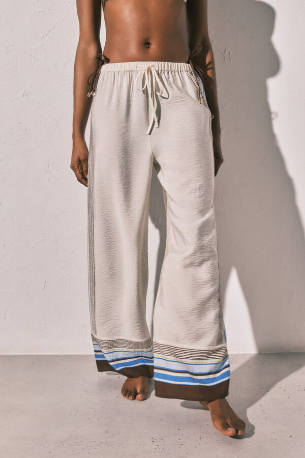 Women'secret Pantal&oacute;n largo fluido de rayas marr&oacute;n marfil