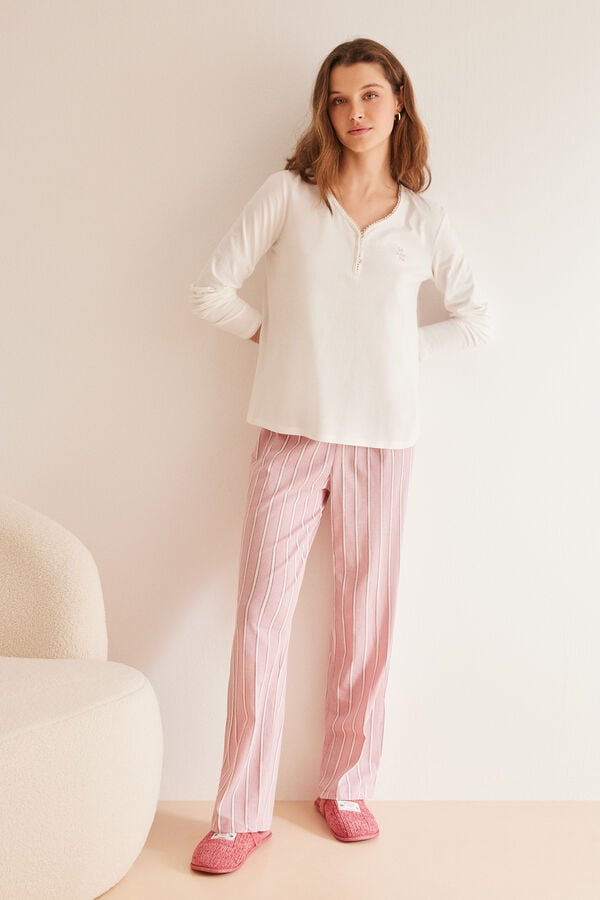 Womensecret Pijama larga 100% algodón rosa rayas marfil