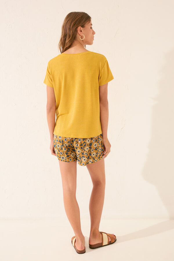 Womensecret Playera de manga corta acanalada con lurex dorado amarillo