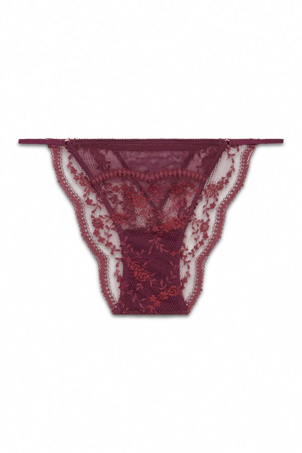 Women'secret Panty clásica de encaje y tiras de plumetti burdeos púrpura