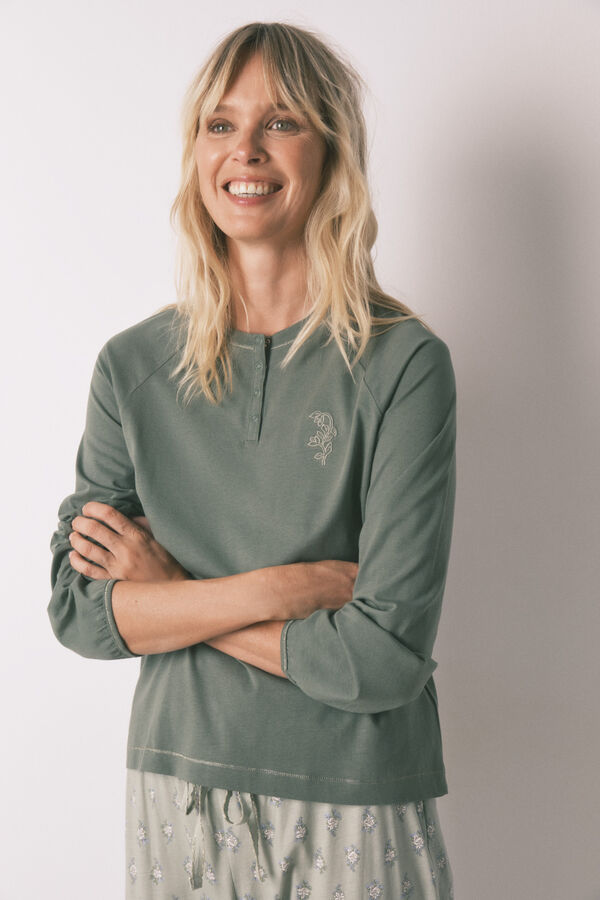 Women'secret Pijama larga con pantal&oacute;n floral kaki