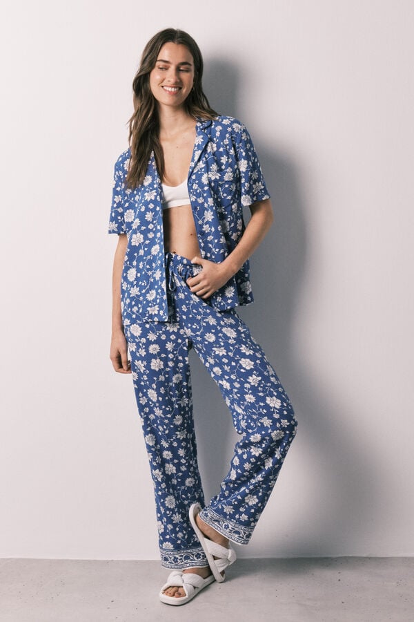 Women'secret Pijama larga camisera de flores azul estampado