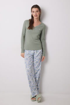Womensecret Pijama larga 100% algodón canalé verde flores kaki
