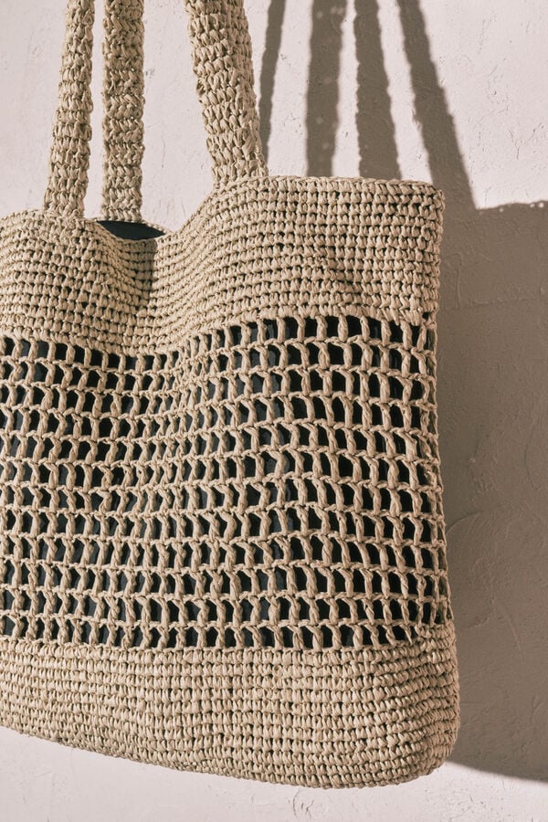 Women'secret Bolsa tote grande de rafia natural caf&eacute;