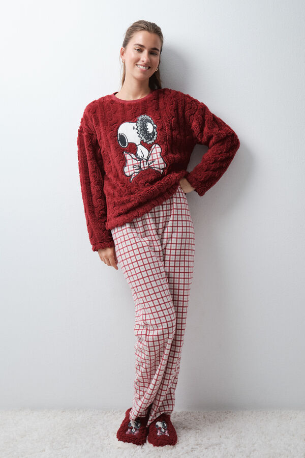 Women'secret Pijama larga de cuadros Snoopy polar p&uacute;rpura