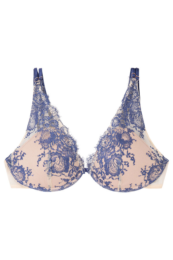 Womensecret Brasier push up relleno encaje y mesh azul  estampado