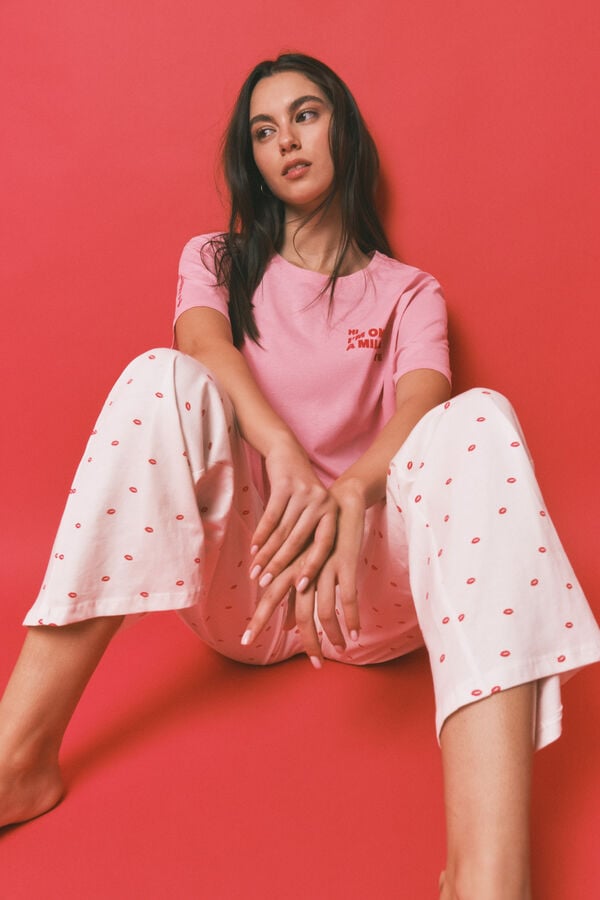 HI&BYE Pijama larga estampada de 100% algod&oacute;n rosa rosa
