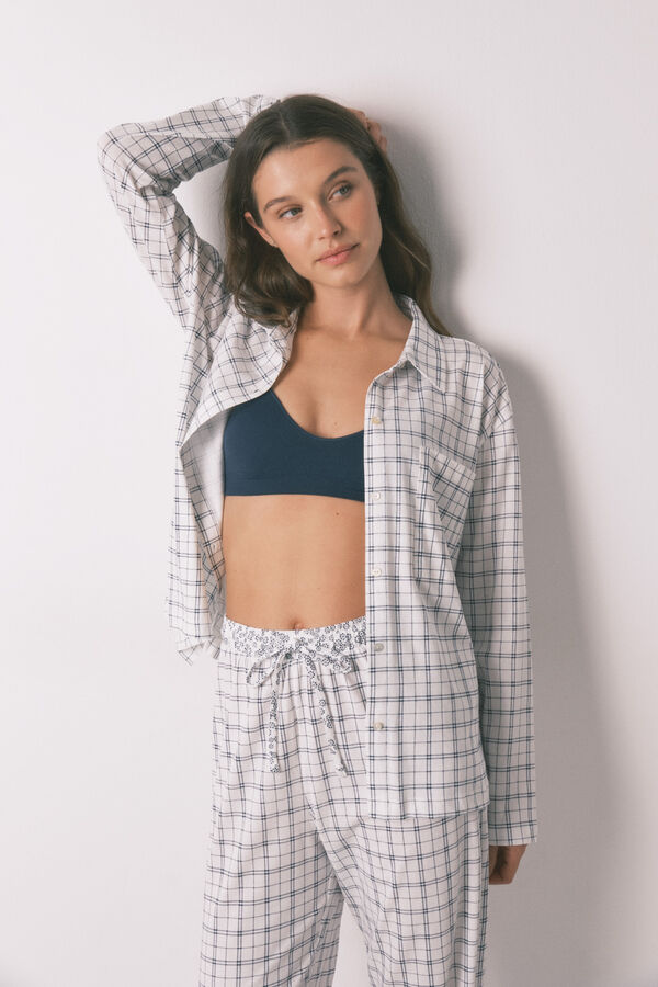 Women'secret Pijama camisera a cuadros de algod&oacute;n azul blanco