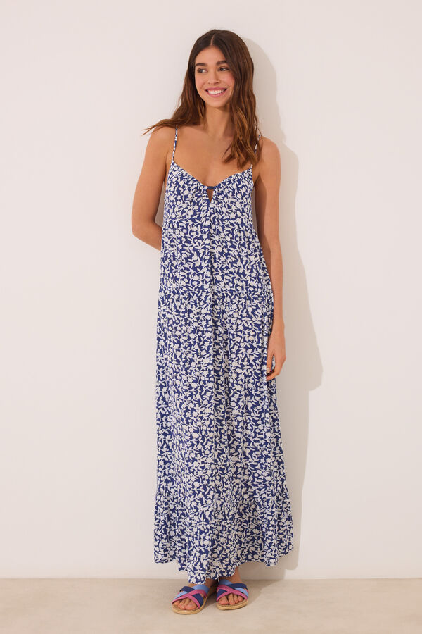Womensecret Vestido largo con tirantes y estampado azul estampado