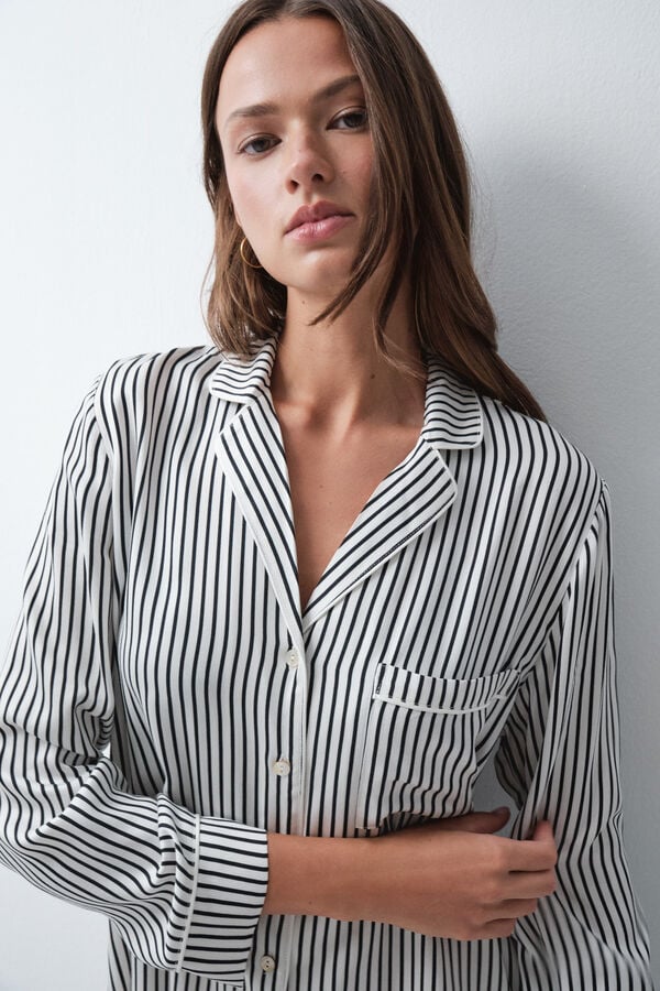 Women'secret Pijama larga camisera de rayas blanco y negro negro