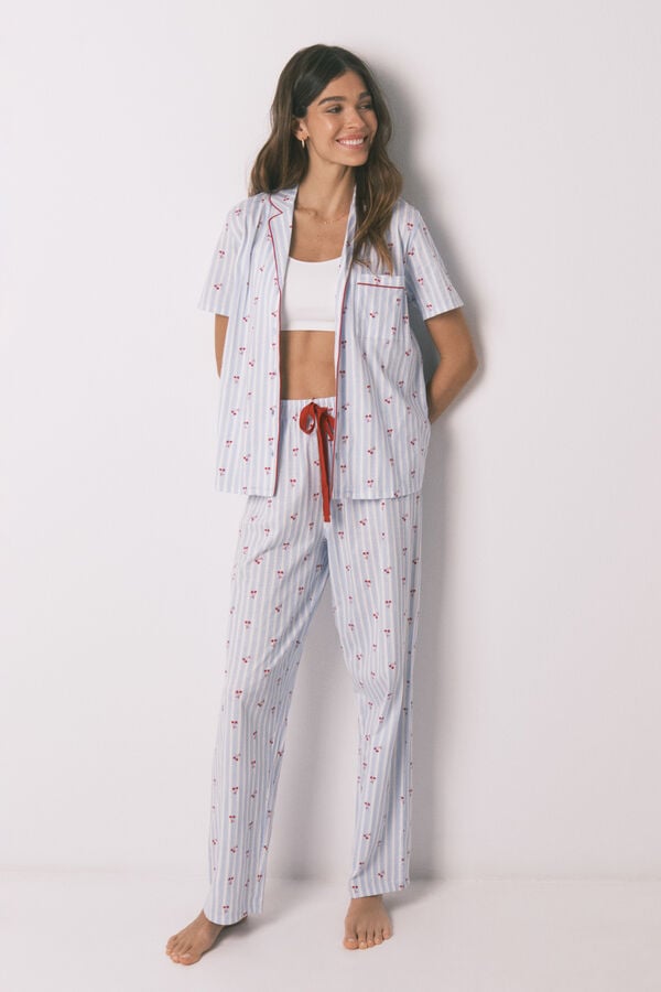 Women'secret Pijama camisera de algod&oacute;n a rayas y cerezas azul
