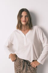 Women'secret Playera de manga larga con estampado de gofre color marfil marfil