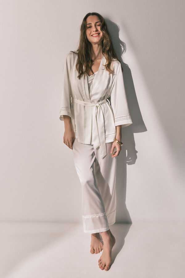 Women'secret Set Pijama larga y bata sat&eacute;n blanco marfil