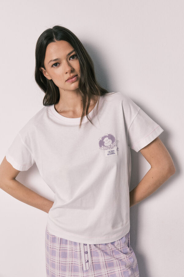 Women'secret Pijama larga de algod&oacute;n Mafalda a cuadros marfil