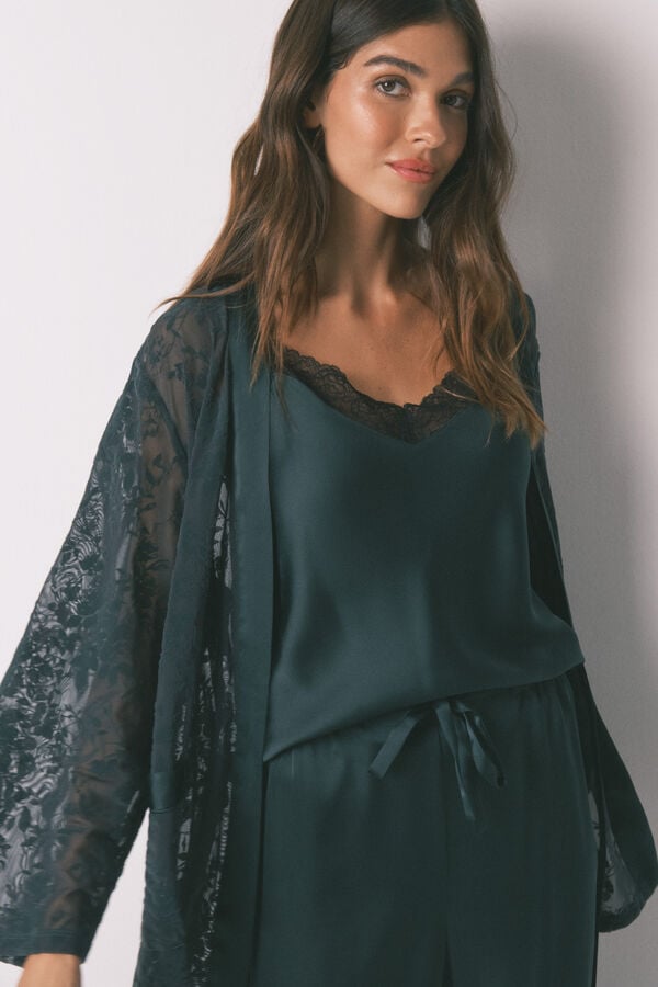 Women'secret Conjunto de pijama de satén y encaje verde verde