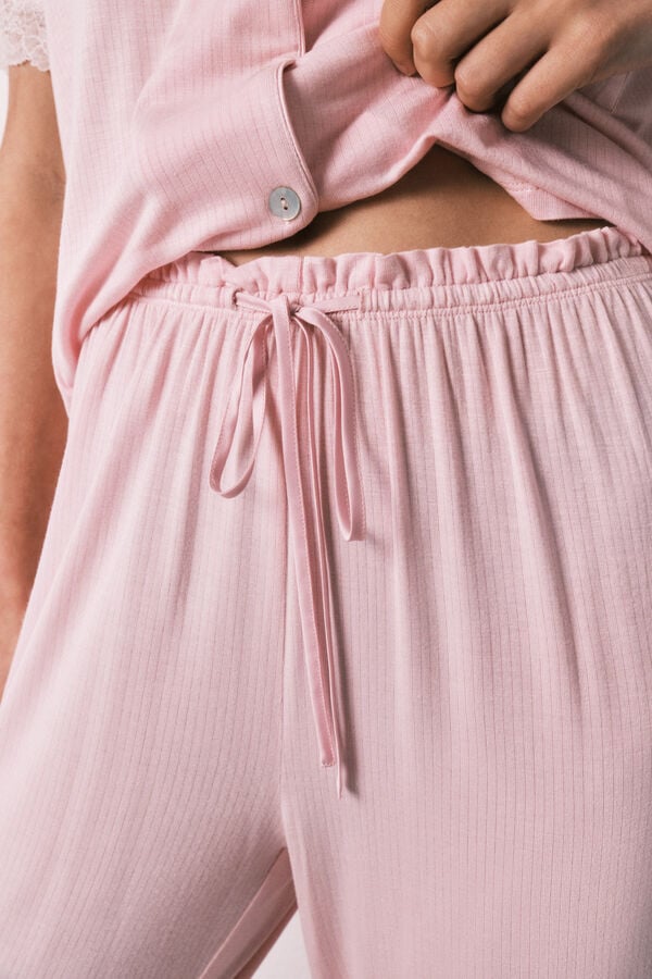 Women'secret Pijama camisera capri de viscosa y encaje rosa rosa