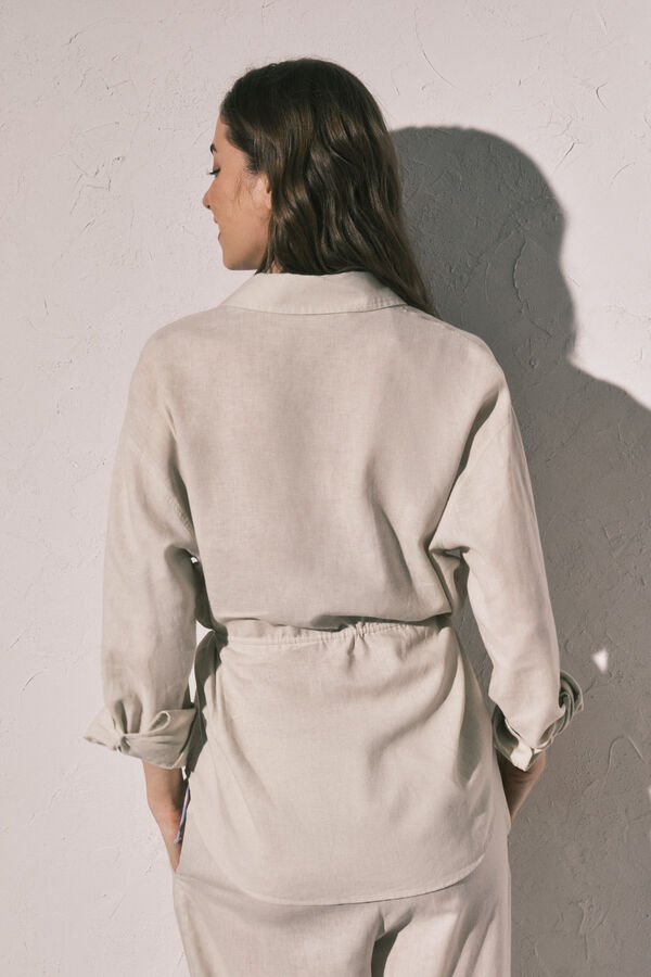 Women'secret Camisa de manga larga de lino blanca caf&eacute;