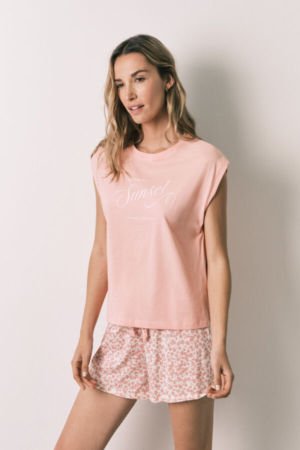 Women'secret Pijama corta de algod&oacute;n rosa con estampado de miniflores rosa