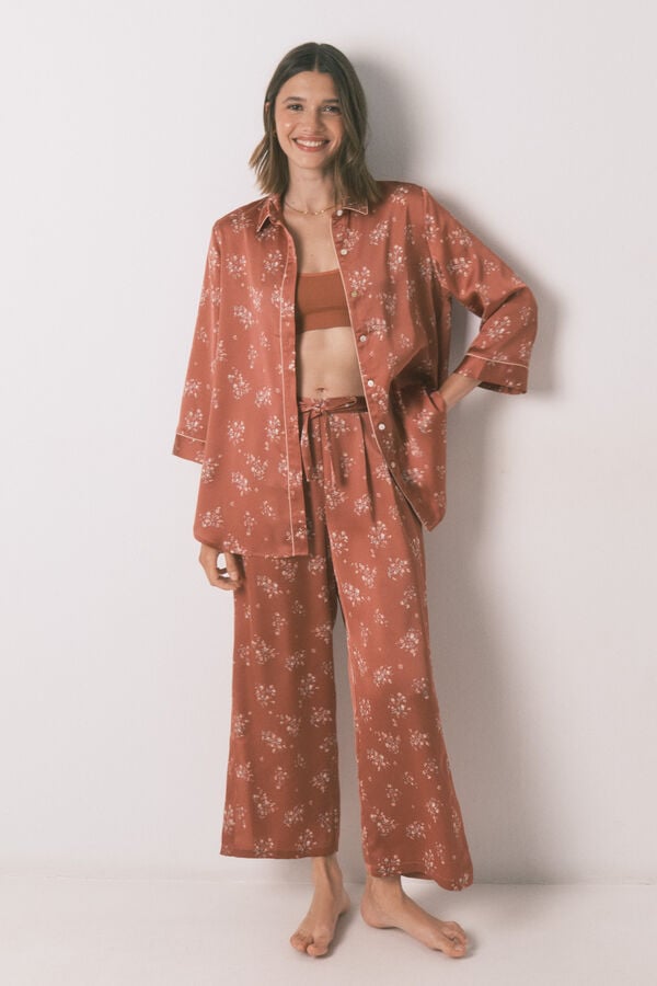 Womensecret Pijama camisera largo de satén naranja rosa
