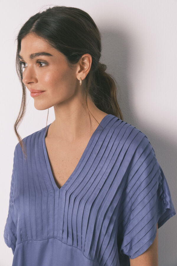 Women'secret Pijama larga azul escote plisado azul