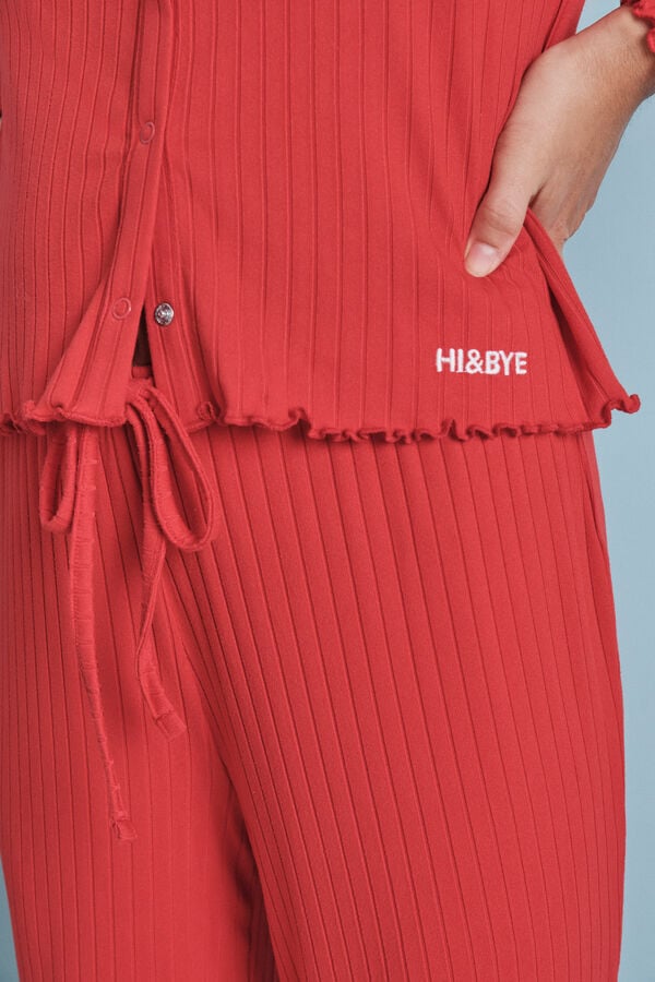 HI&BYE Pijama larga algodón acanalado rojo rojo