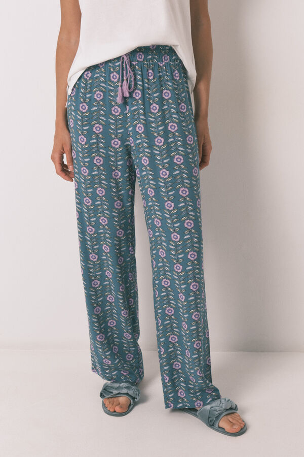 Women'secret Pantalón largo de viscosa con estampado de flores verde