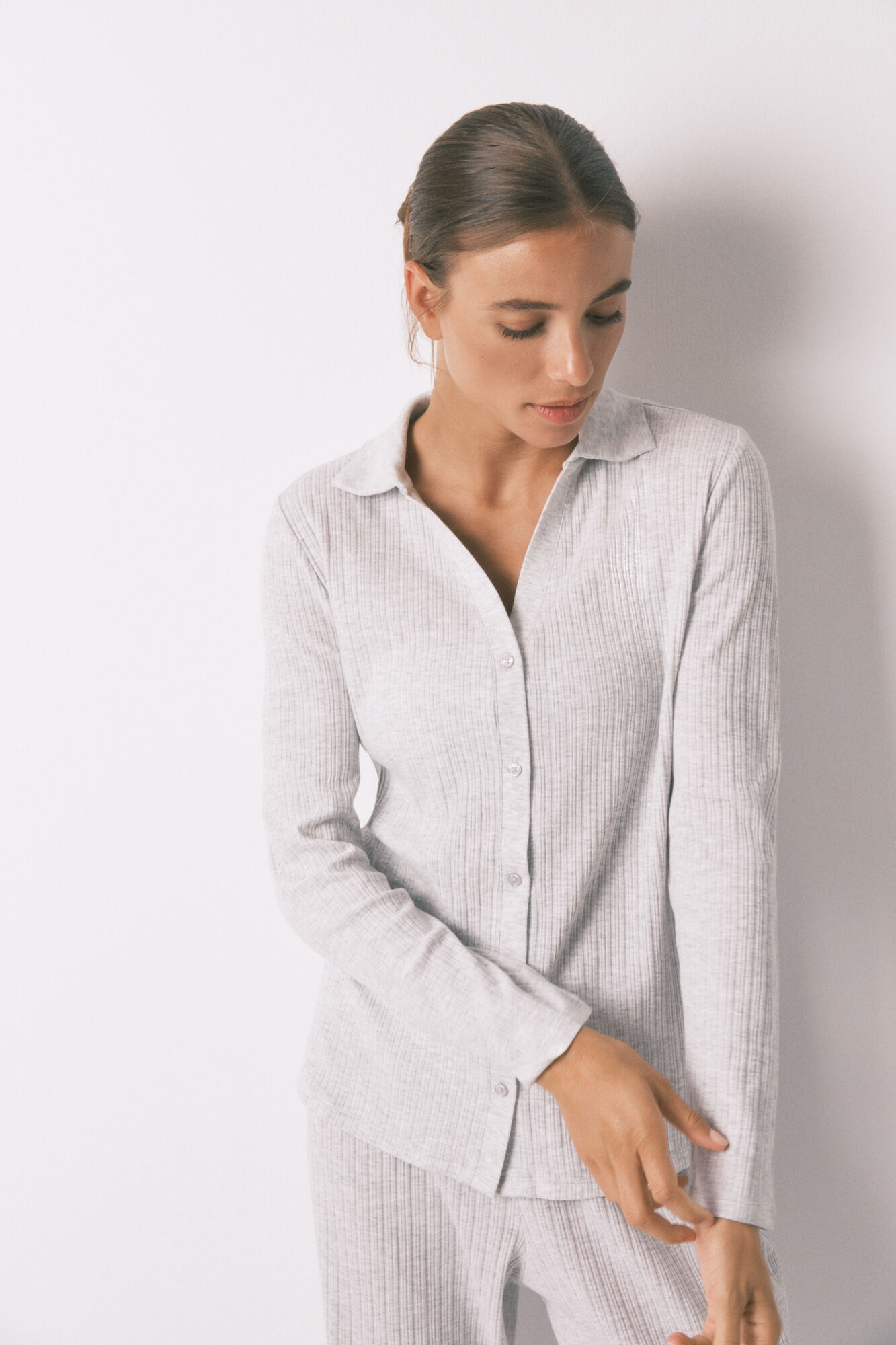Women'secret Pijama larga algod&oacute;n canal&eacute; gris
