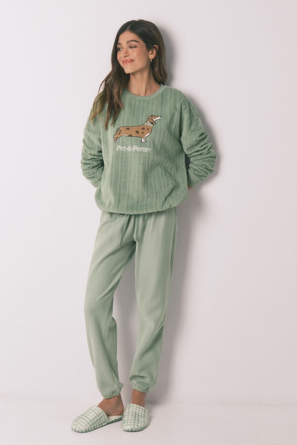 Women'secret Pijama larga polar verde verde