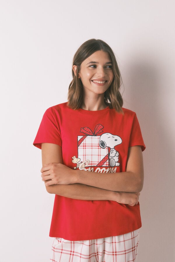 Women'secret Pijama larga 100% algodón cuadros rojo Snoopy rojo
