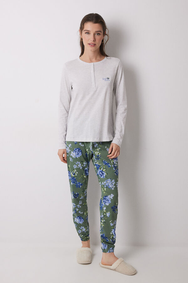 Womensecret Pijama larga 100% algodón estampado flores gris