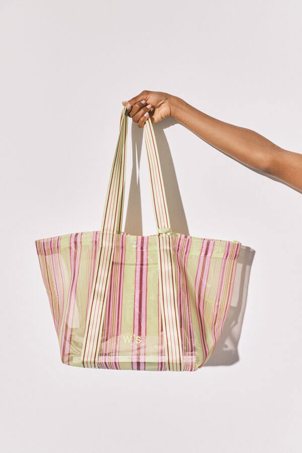 Women'secret Bolsa grande de malla a rayas verde y rosa estampado