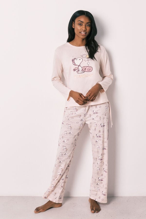 Women'secret Pijama larga de algod&oacute;n Snoopy rosa rosa
