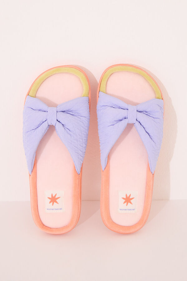 Womensecret Pantuflas para casa de punta abierta con lazo o lazo de velour blanco