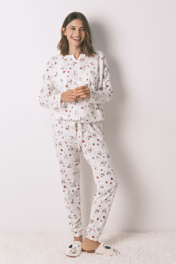 Women'secret Pijama larga 100% algodón blanco Snoopy marfil