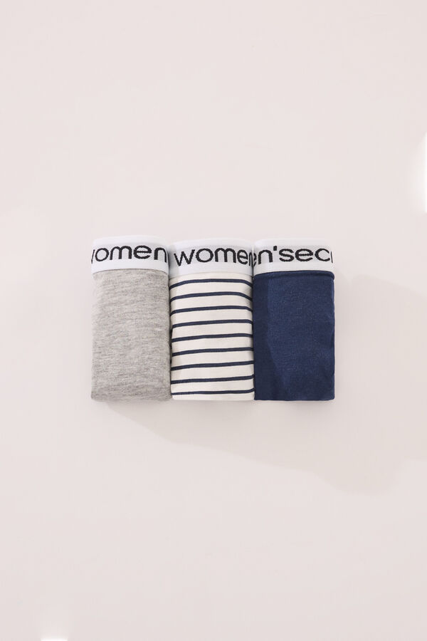 Womensecret Pack de 3 tangas de algodón con estampados mixtos y logo azul